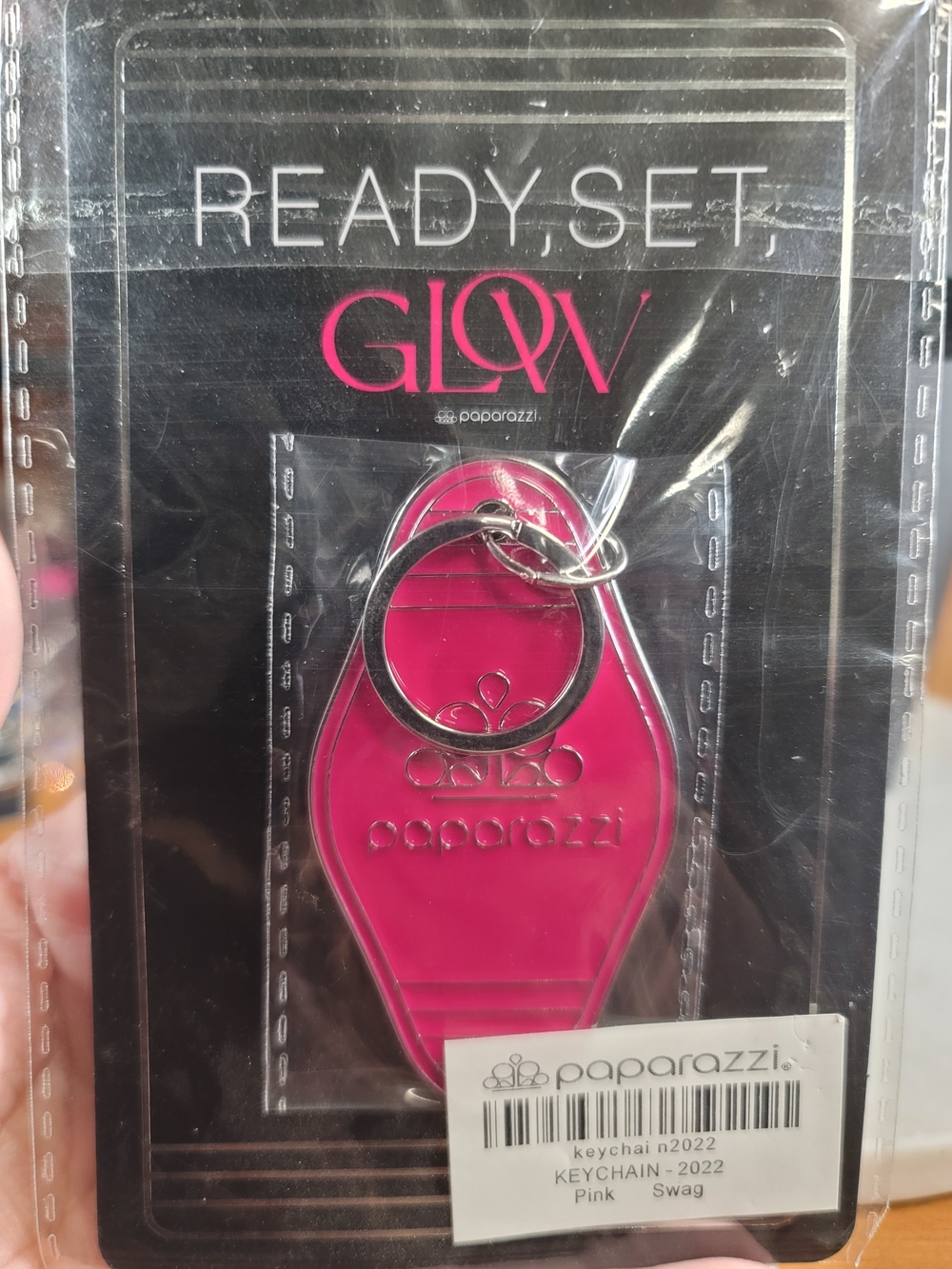 paparazzi Pink Retro Motel Keychain with Silver Ring